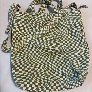 BAGGU Olive Green and White Checkerboard Canvas Tote